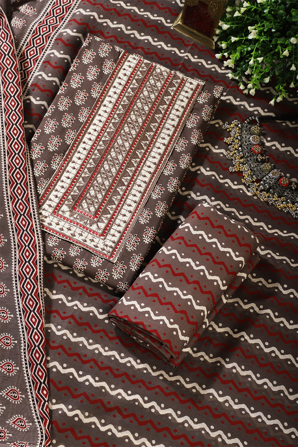 Brown Color Cotton Printed & Neck Embroidered Unstitched Suit