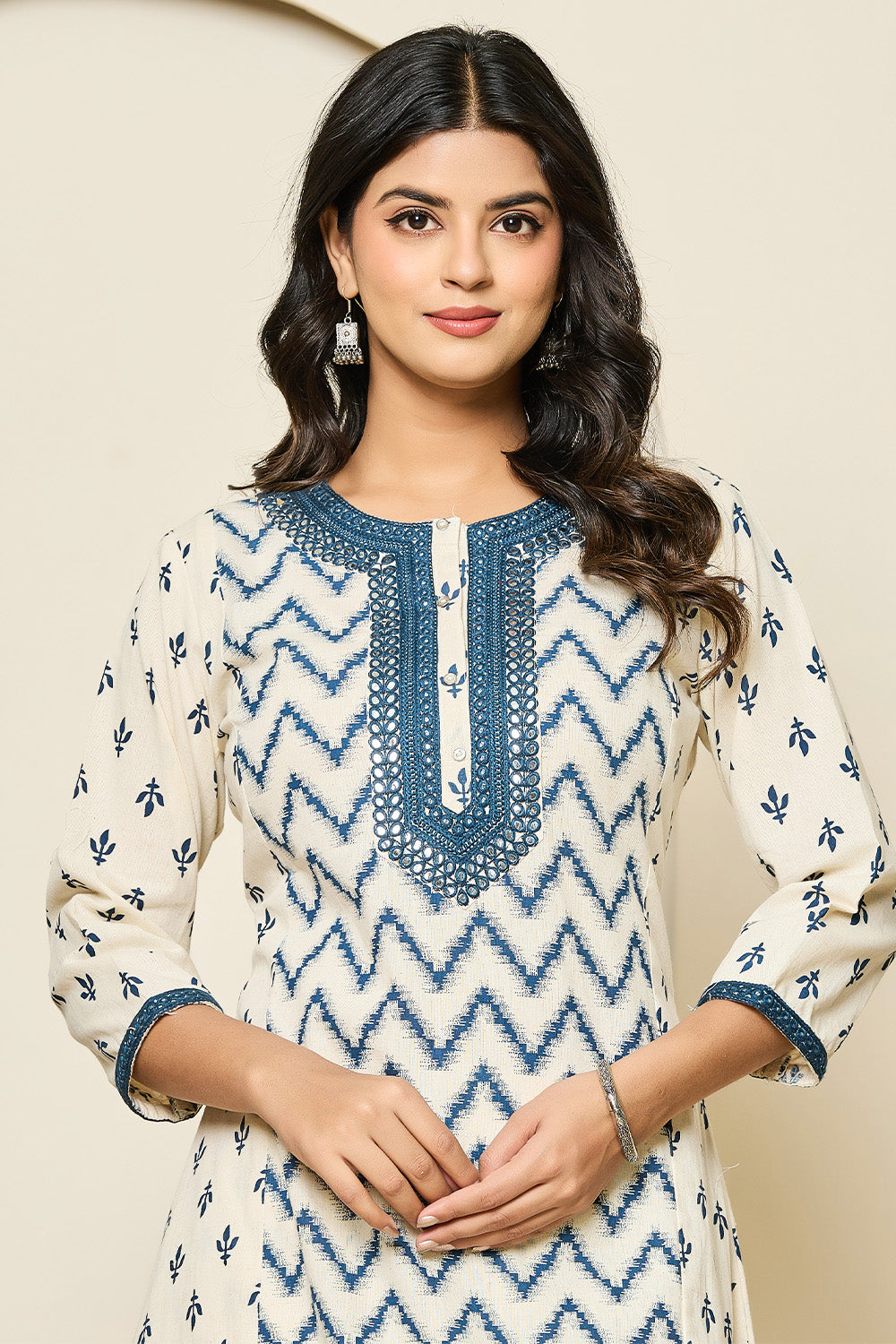 Cream & Navy Color Khadi Cotton Printed Kurta Set