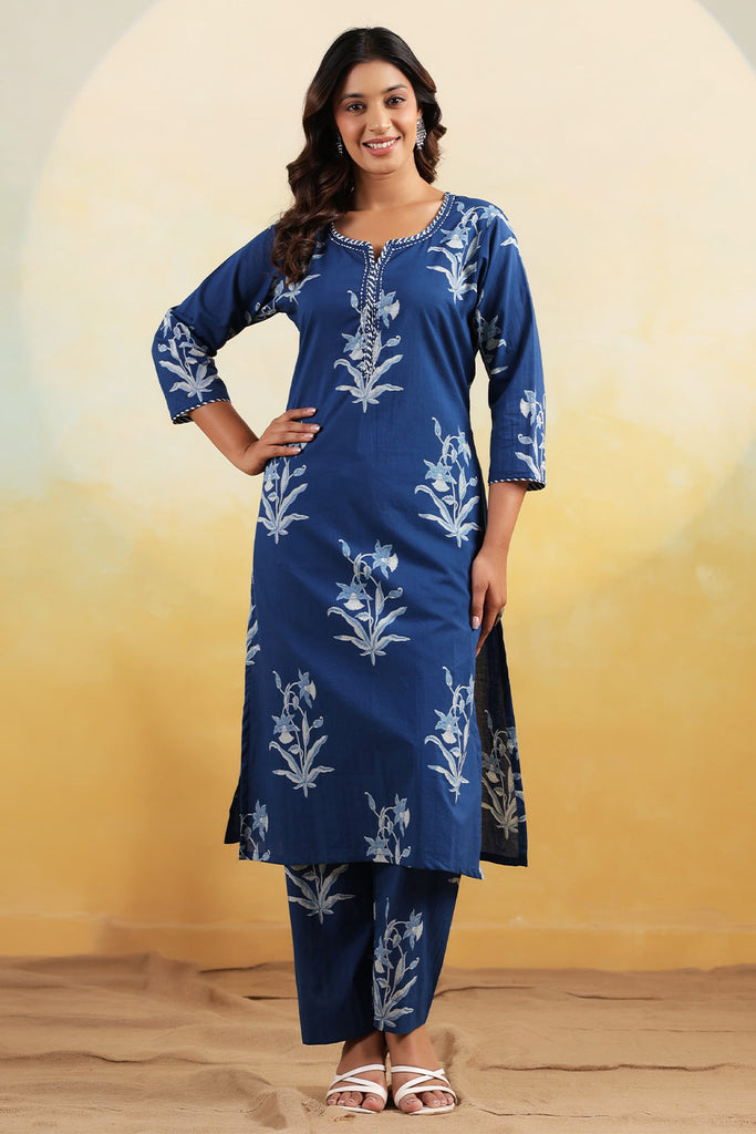 Blue Color Floral Printed Long Kurta Set