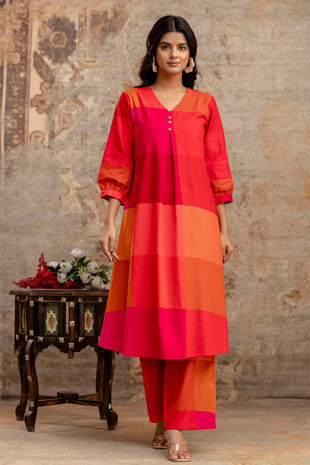 Magenta Cotton Printed Kurta Set