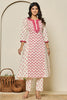 Cream & Carmine Pink Color Khadi Cotton Printed Kurta Set