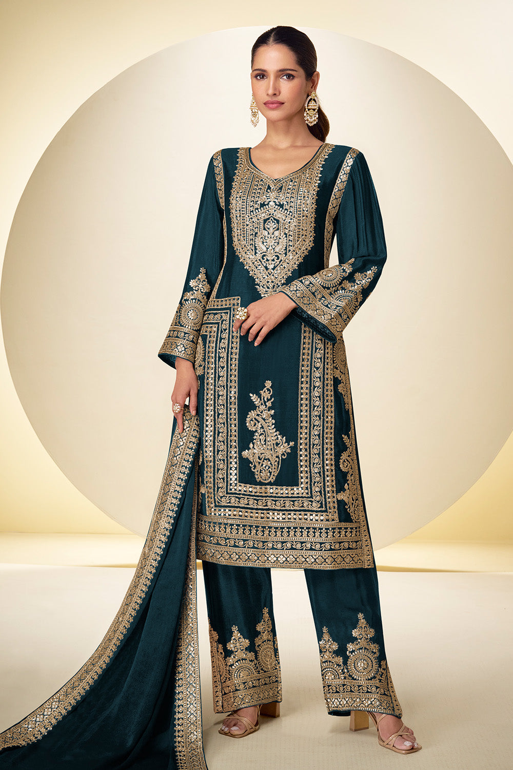 Crepe Silk Zari And Sequins Embroidered Suit Set