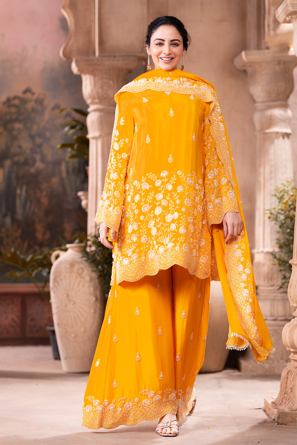 Yellow Pure Silk Floral Embroidered Suits With Embroidered Pallazo