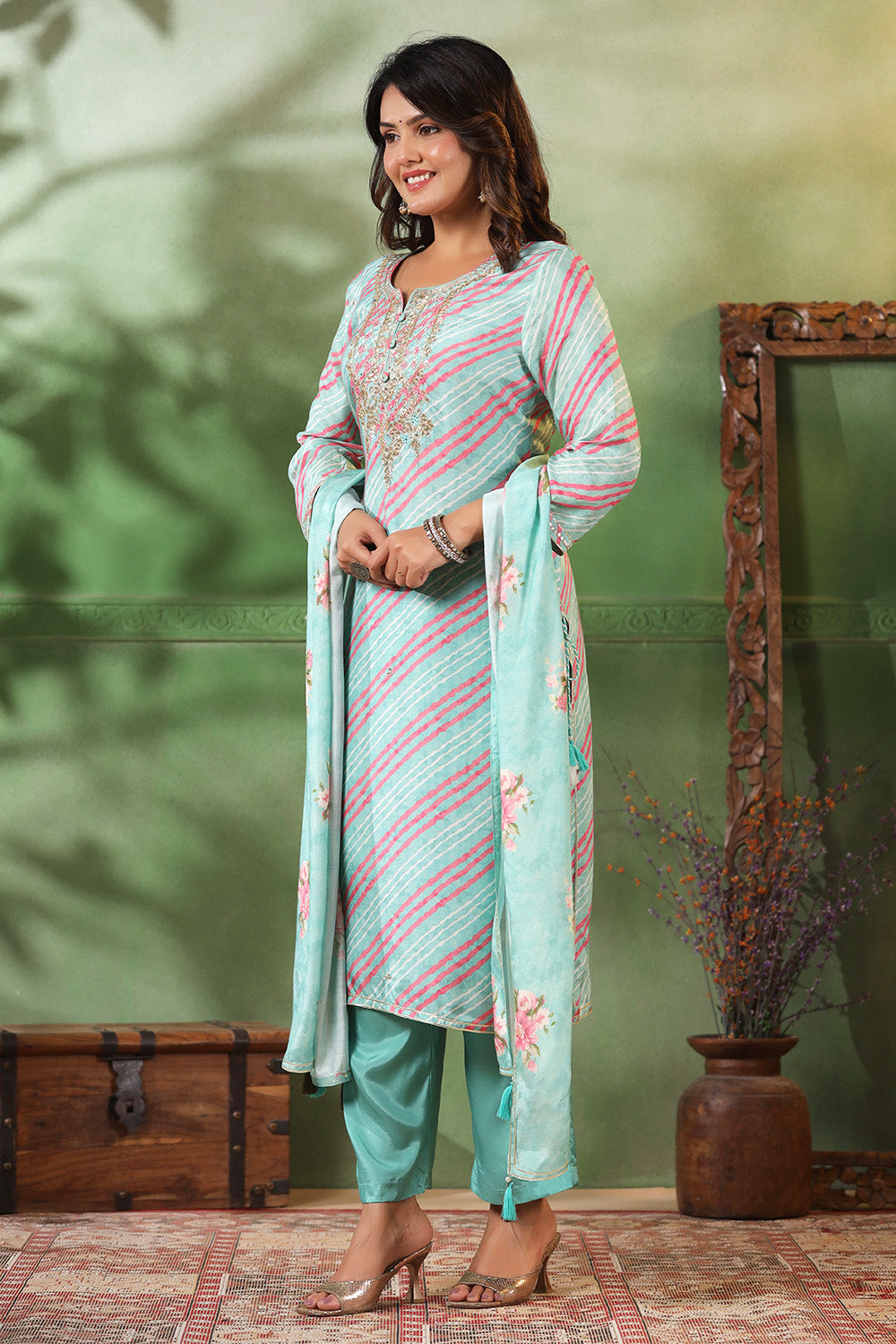 Mint Green Color Leheria Printed Muslin Suit