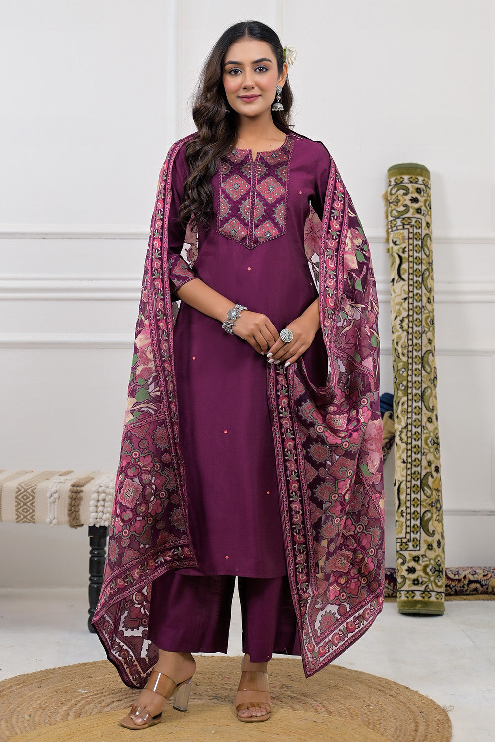 Wine Chanderi Suit Neck Printed & Embroidered Suit Set