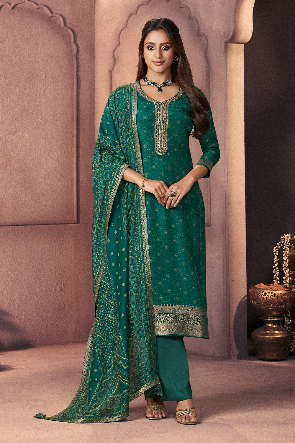 Teal Green Neck-Embroidered And Printed Suit Set
