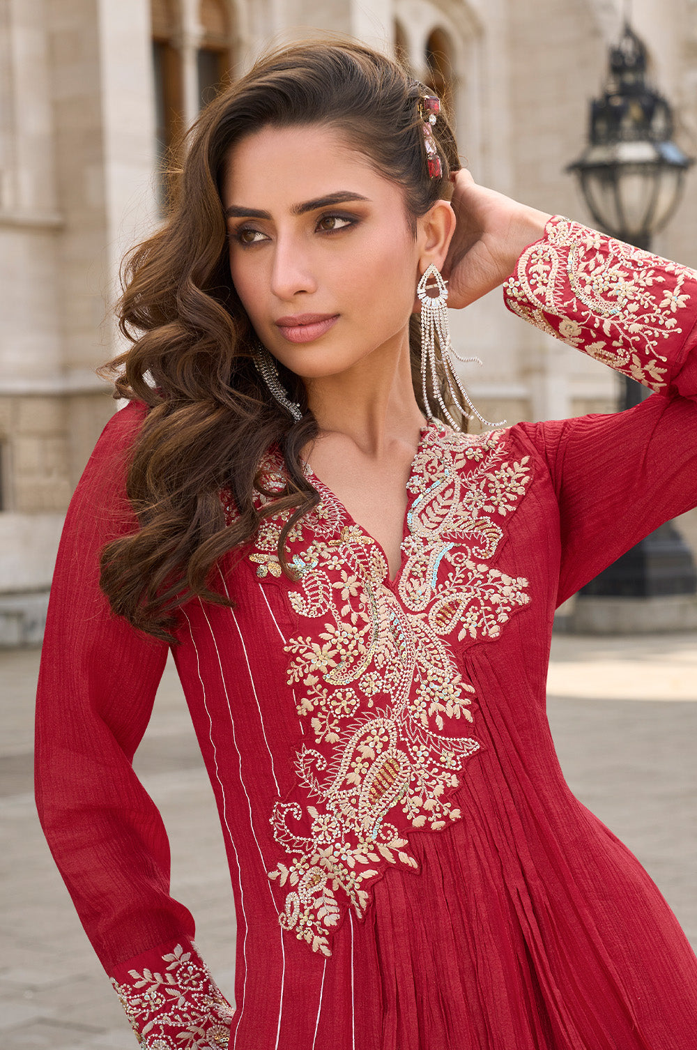 Red Crepe Silk Resham And Sequins Embroidered Anarkali Gown