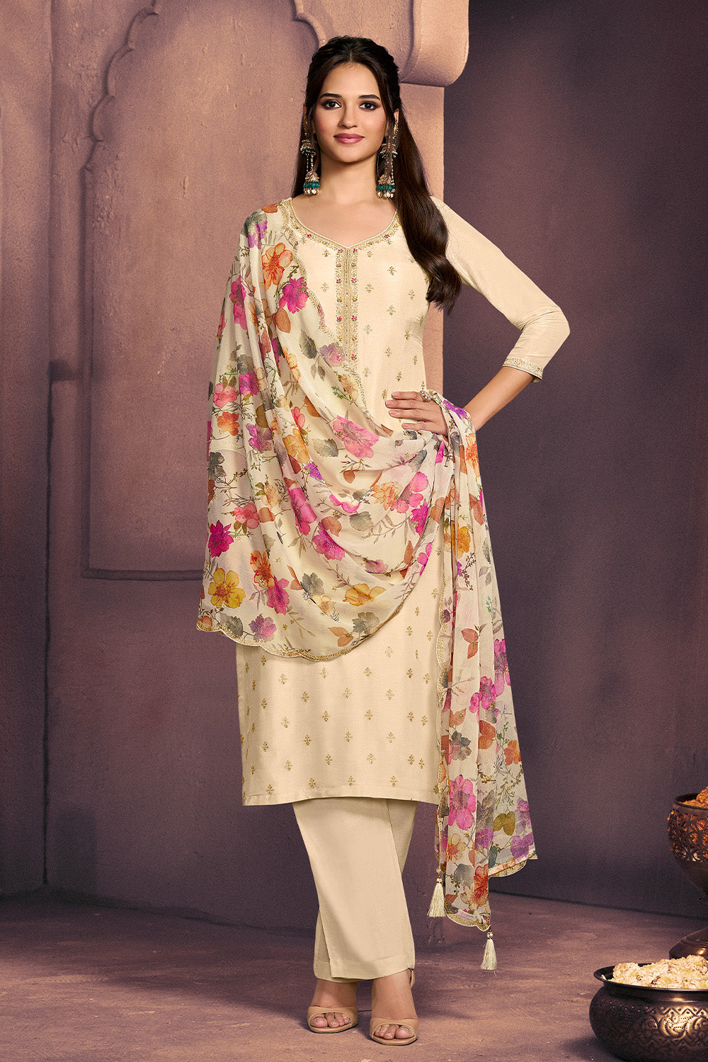 Cream Embroidered Suit Set