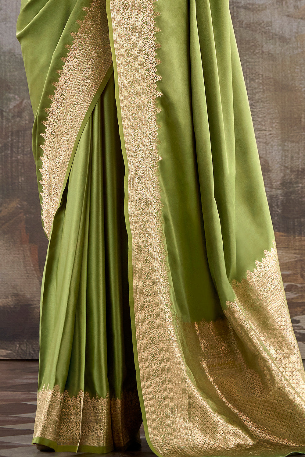 Olive Green Zari Woven Satin Silk Saree