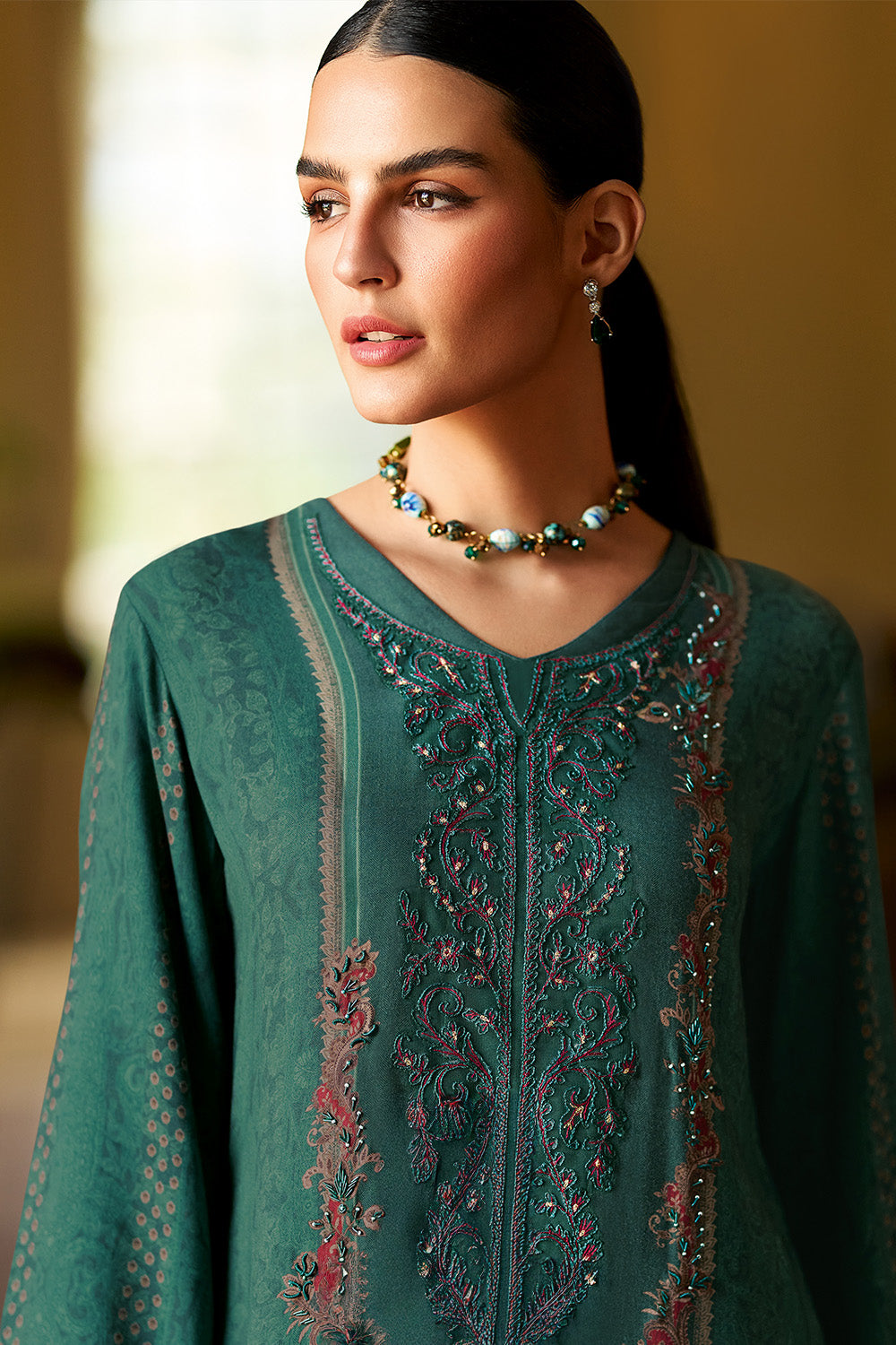 Teal Spun Printed and Embroidered Unstitched Suit Material