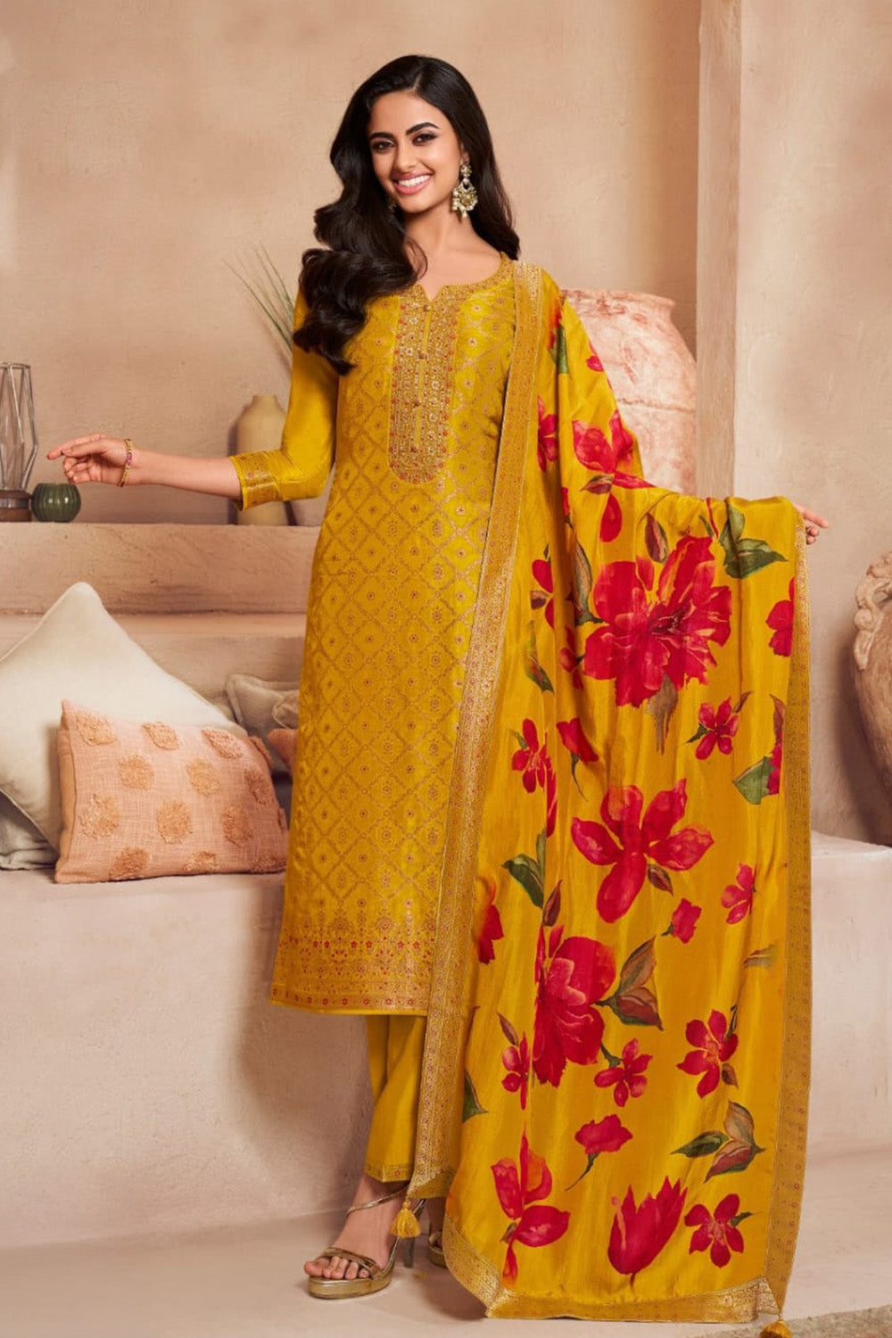 Mustard Zari Woven & Embroidered Silk Suit