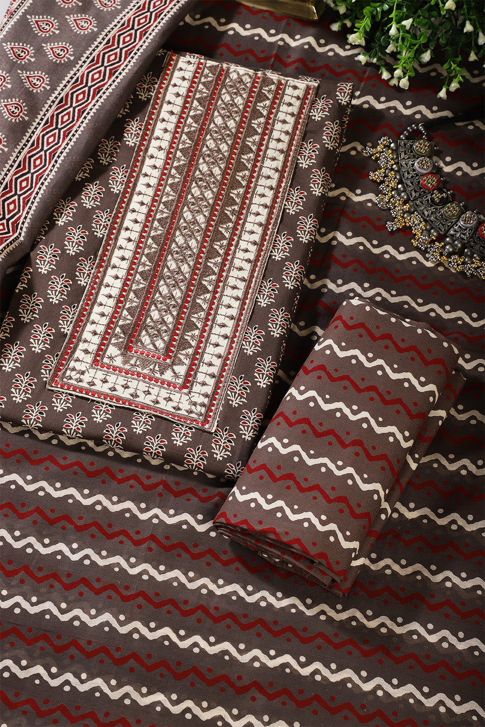Brown Color Cotton Printed & Neck Embroidered Unstitched Suit