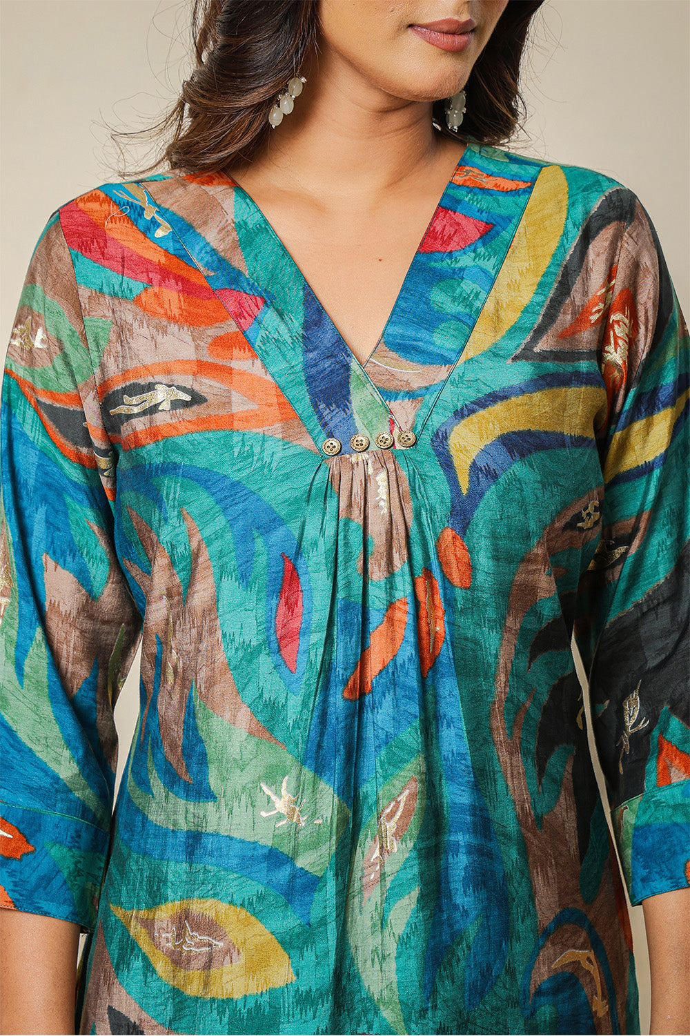 Teal Abstract Printed Muslin Long Kurta