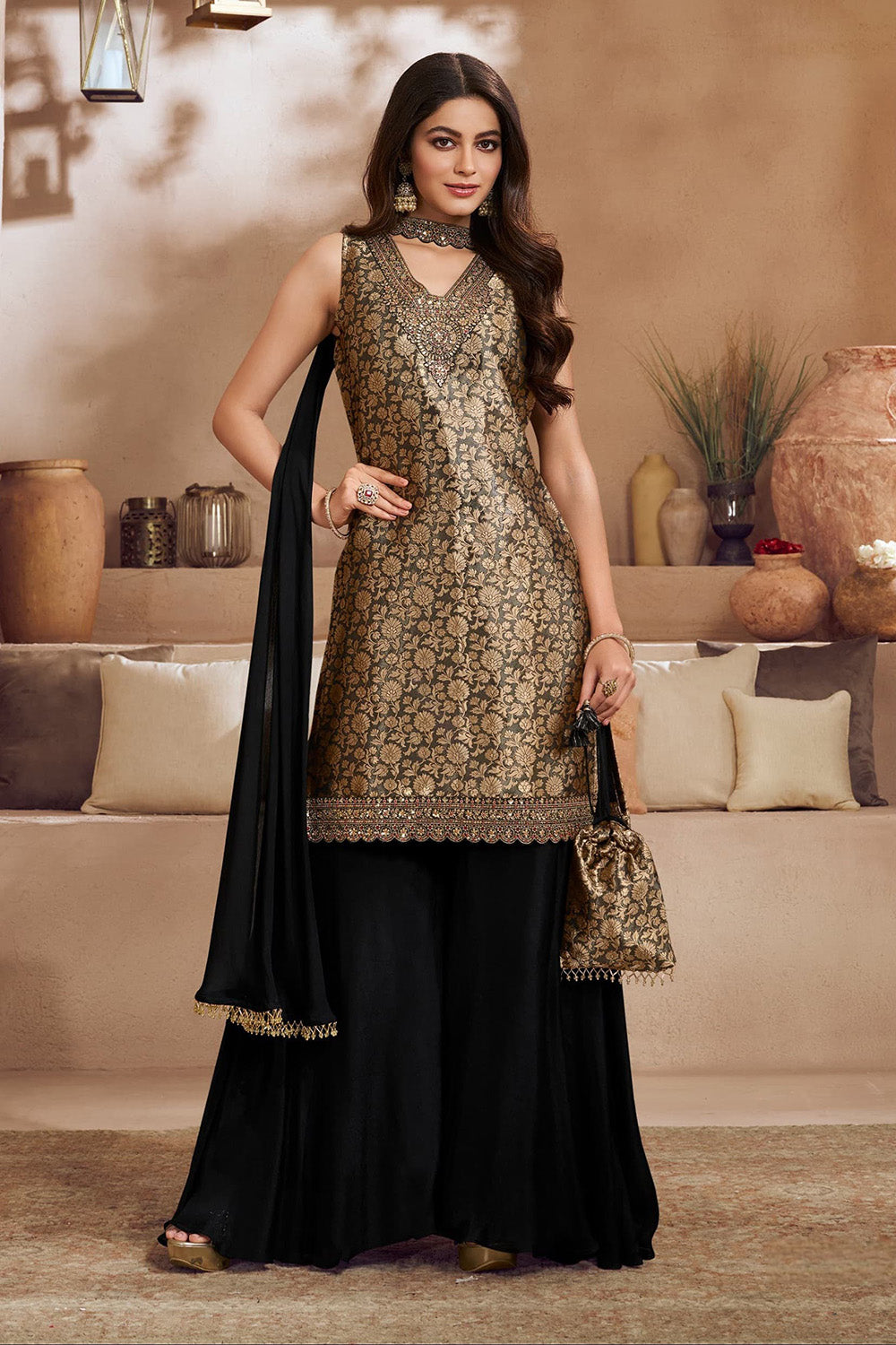Black Silk Woven and Neck-Embroidered Suit With Palazzo