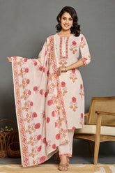 Cream & Red Floral Printed Straight Suit Set