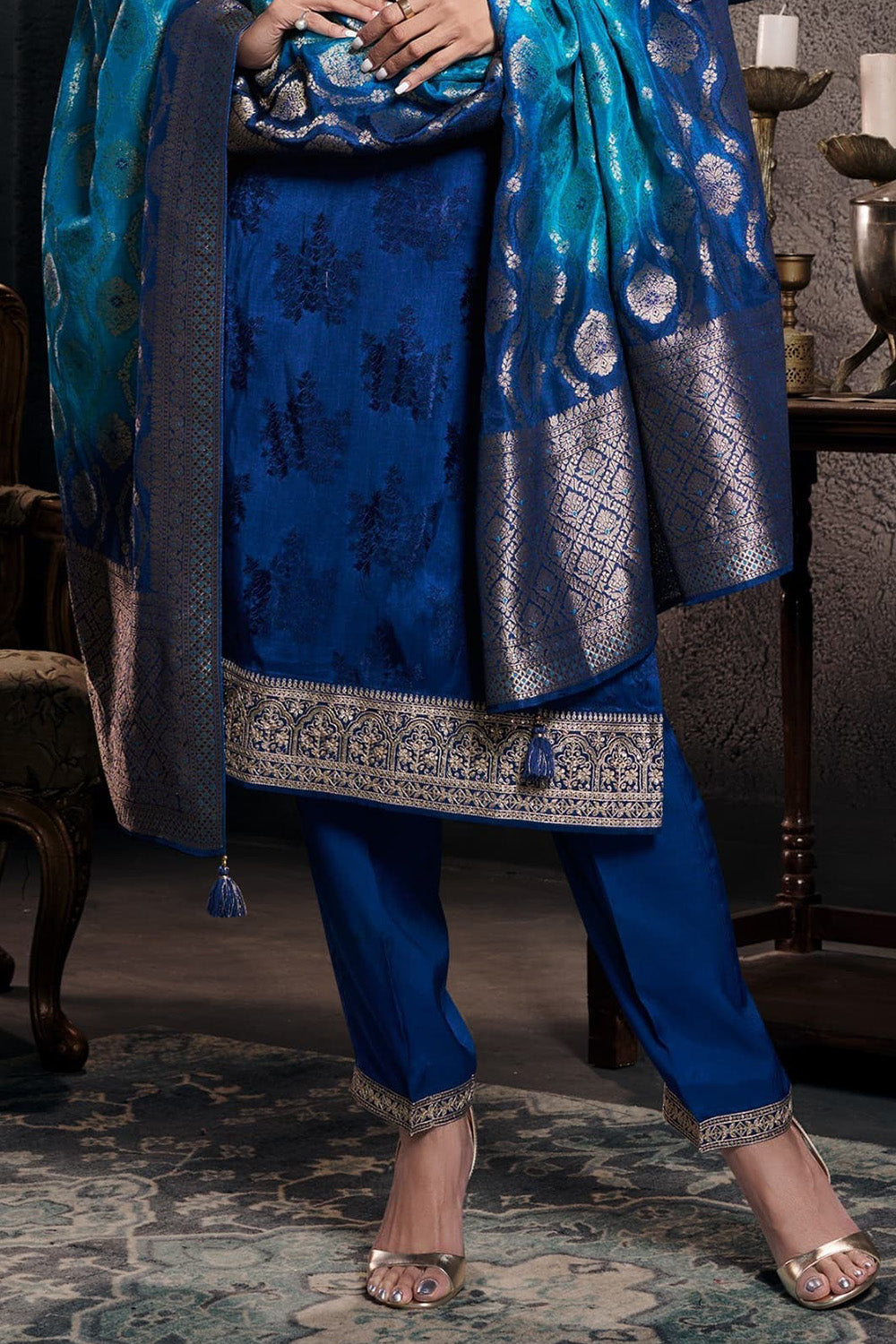 Navy Silk Embroidered & Woven Suit Set
