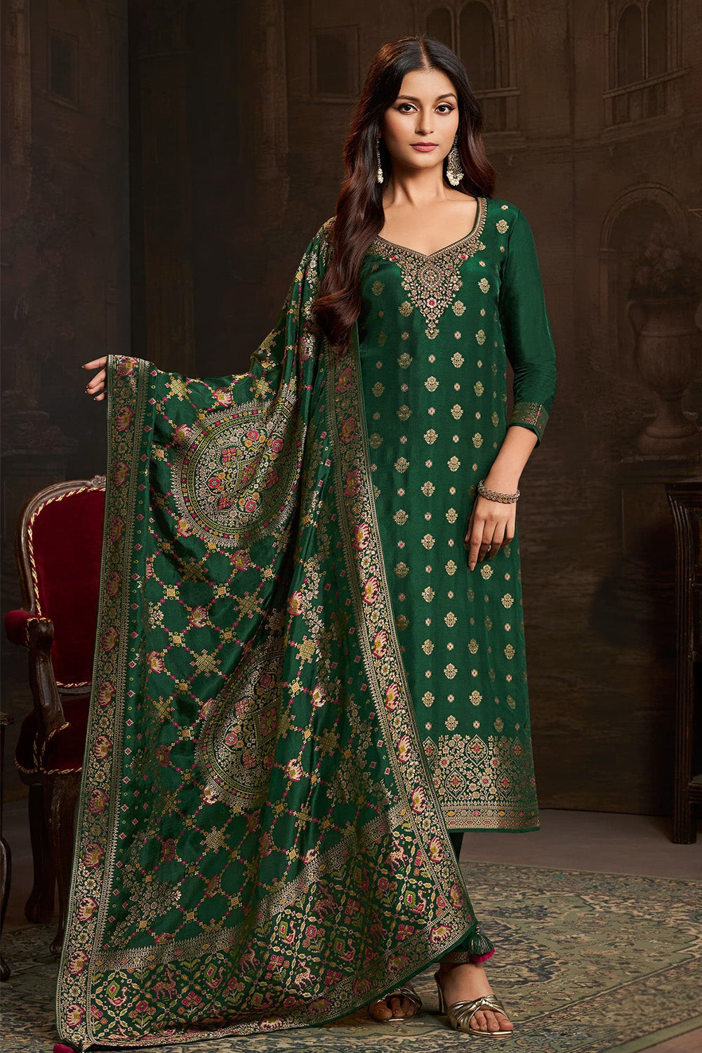Bottle Green Silk Neck Embroidered And Zari Woven Suit With Woven Dupatta Set