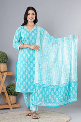 Turquoise Cotton Floral Printed Suit Set