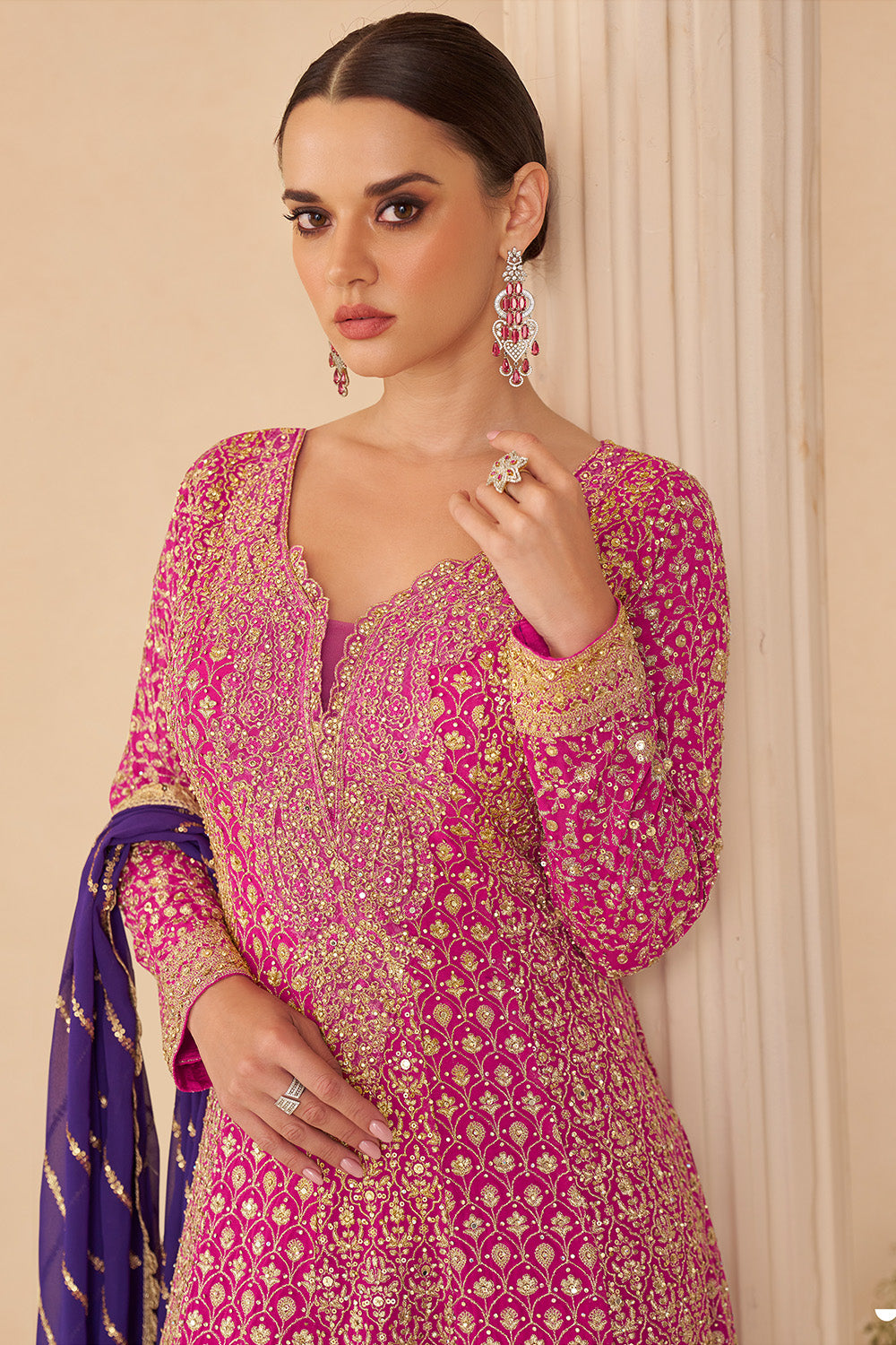 Magenta Pink & Violet Georgette Zari And Sequins Embroidered Suit With Embroidered Palazzo