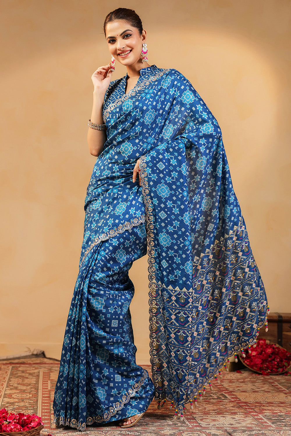Blue Color Ikat Patola Modal Silk Saree with Gota Patti Border