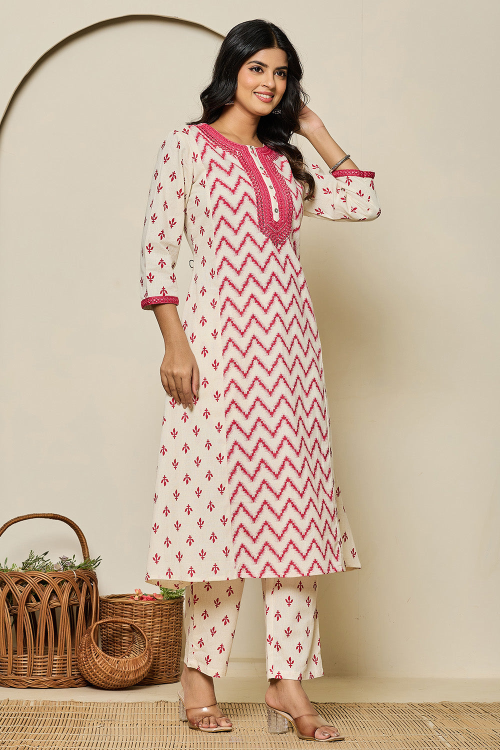 Cream & Carmine Pink Color Khadi Cotton Printed Kurta Set