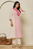 Cream & Carmine Pink Color Khadi Cotton Printed Kurta Set