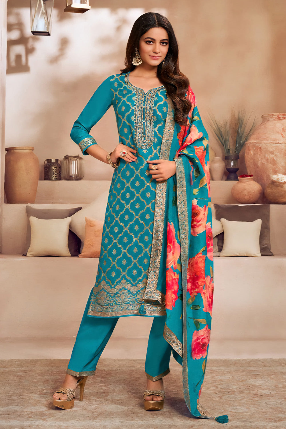 Teal Zari Woven & Embroidered Silk Suit