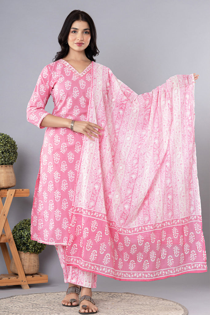 Pink Cotton Floral Printed Suit Set