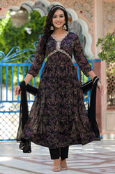 Black Chinone Crepe Floral Printed and Neck-Embroidered Anarkali Suit