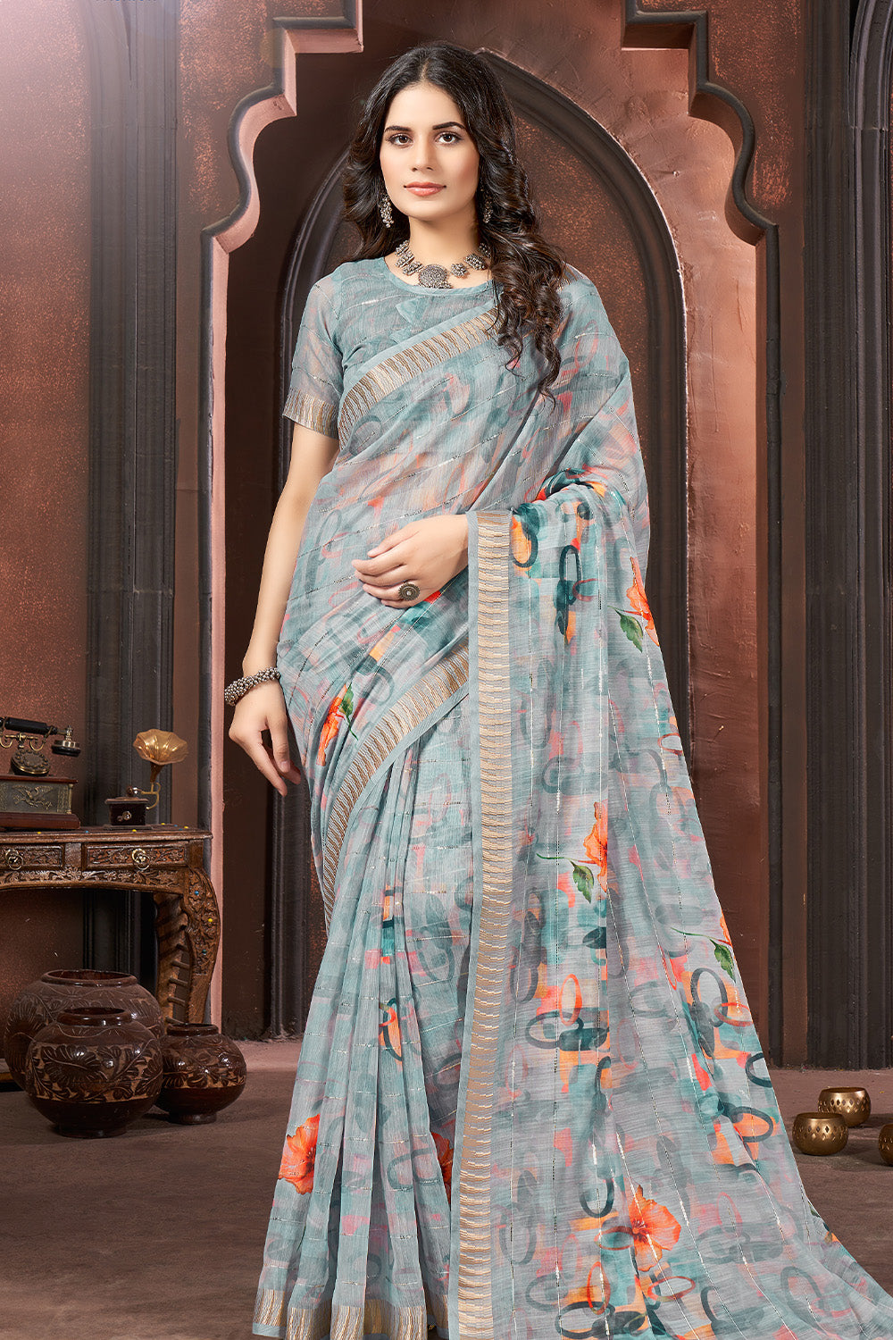 Light Blue Color Floral Printed Cotton Saree