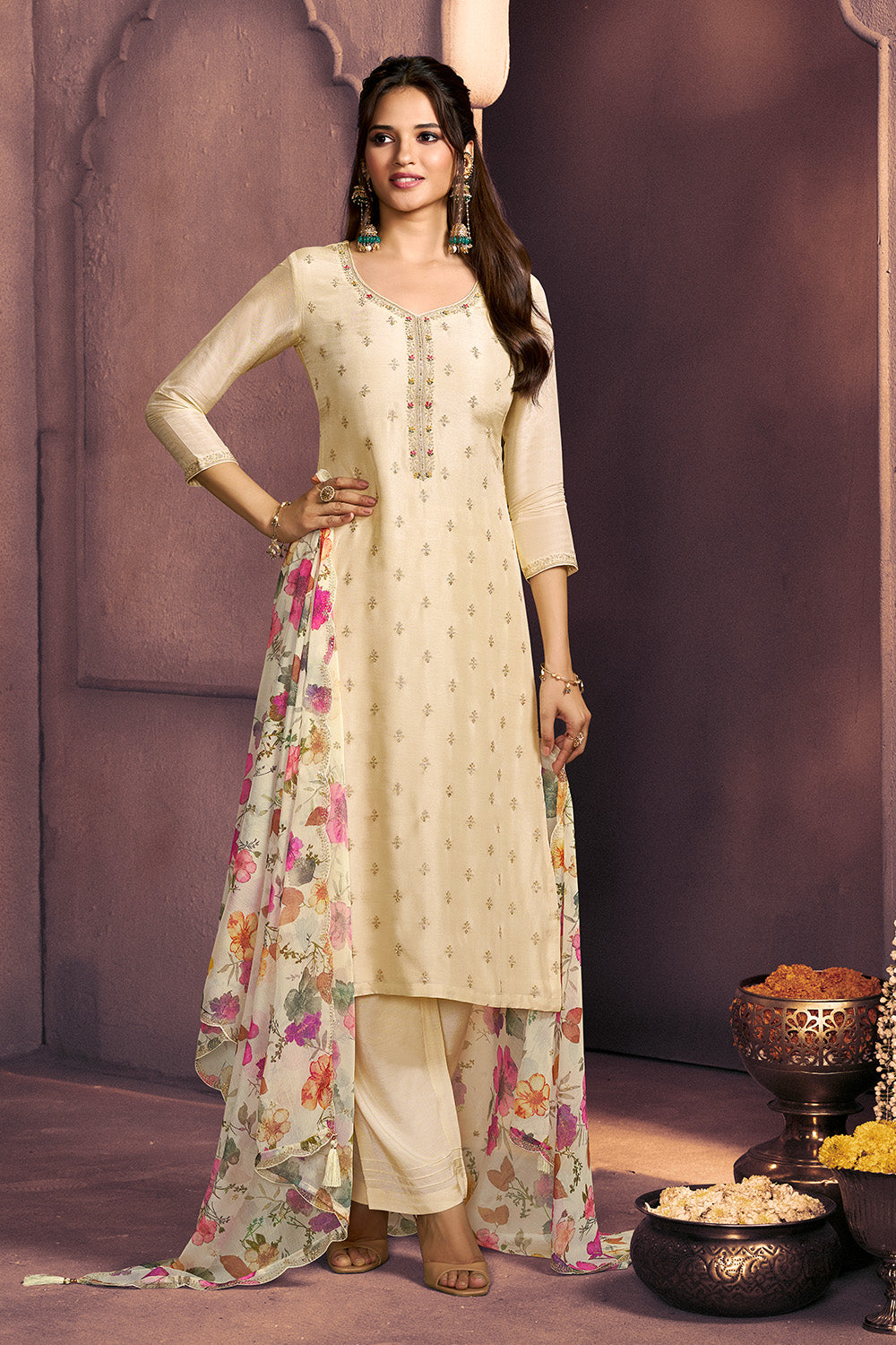 Cream Embroidered Suit Set
