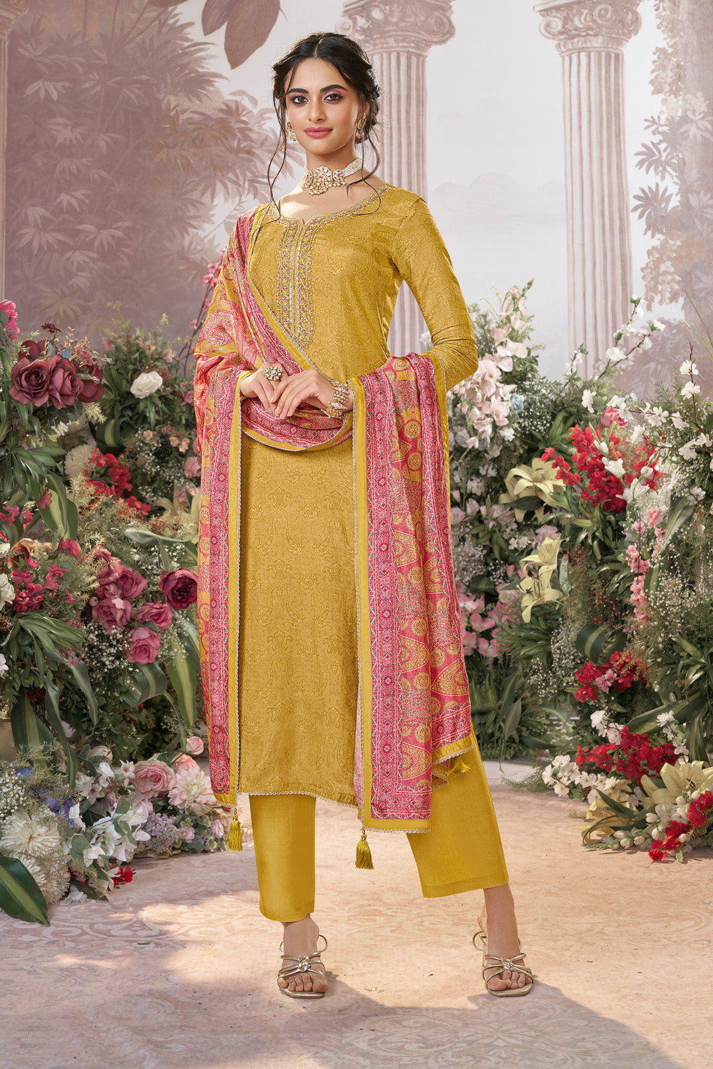Mustard Neck-Embroidered And Printed Suit Set