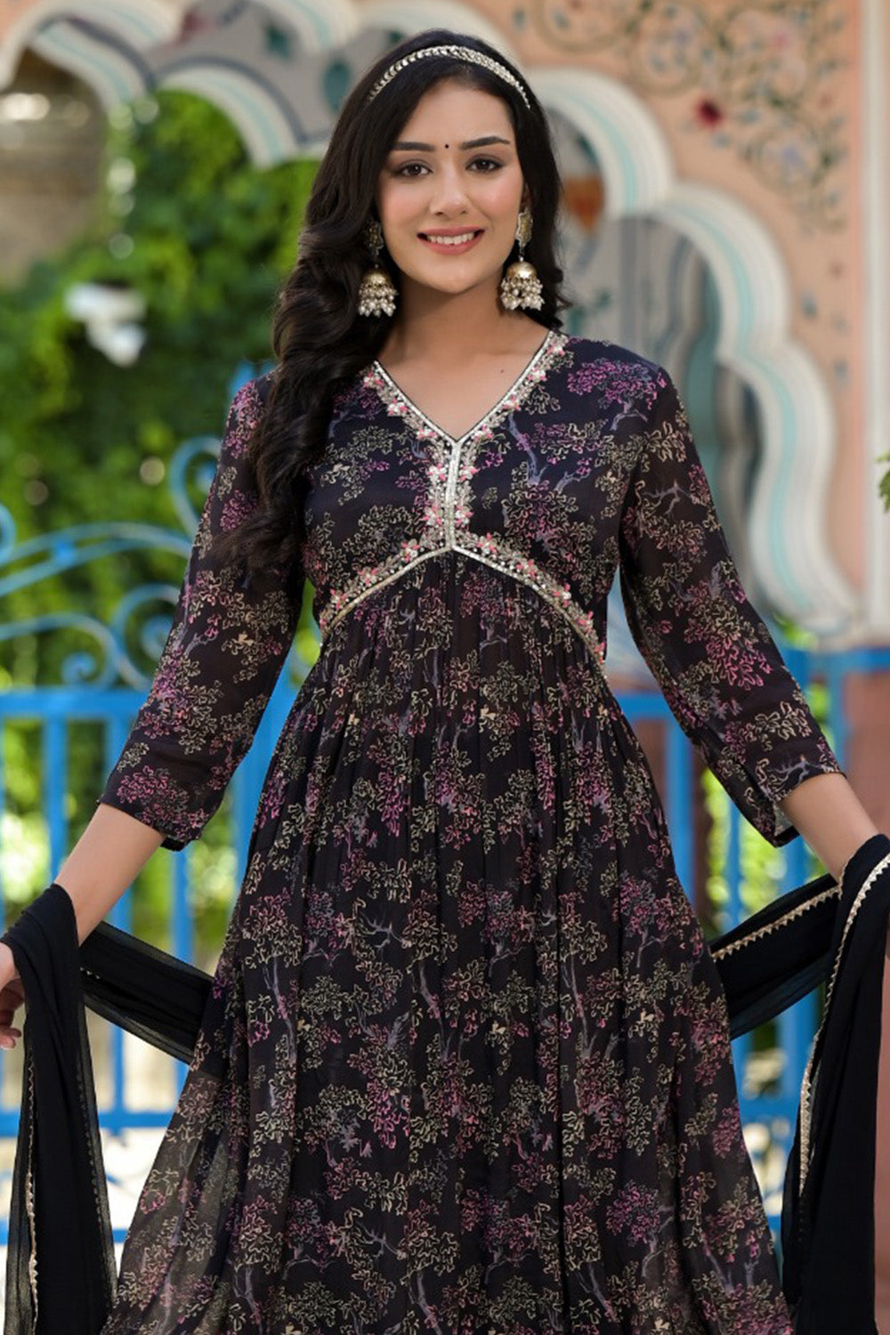 Black Chinone Crepe Floral Printed and Neck-Embroidered Anarkali Suit
