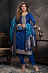 Navy Silk Embroidered & Woven Suit Set