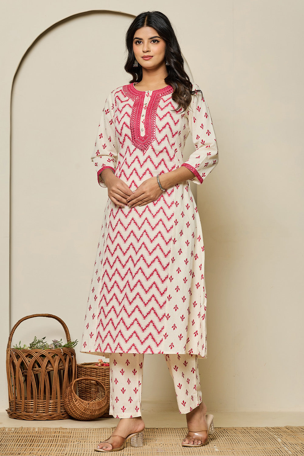 Cream & Carmine Pink Color Khadi Cotton Printed Kurta Set