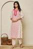 Cream & Carmine Pink Color Khadi Cotton Printed Kurta Set