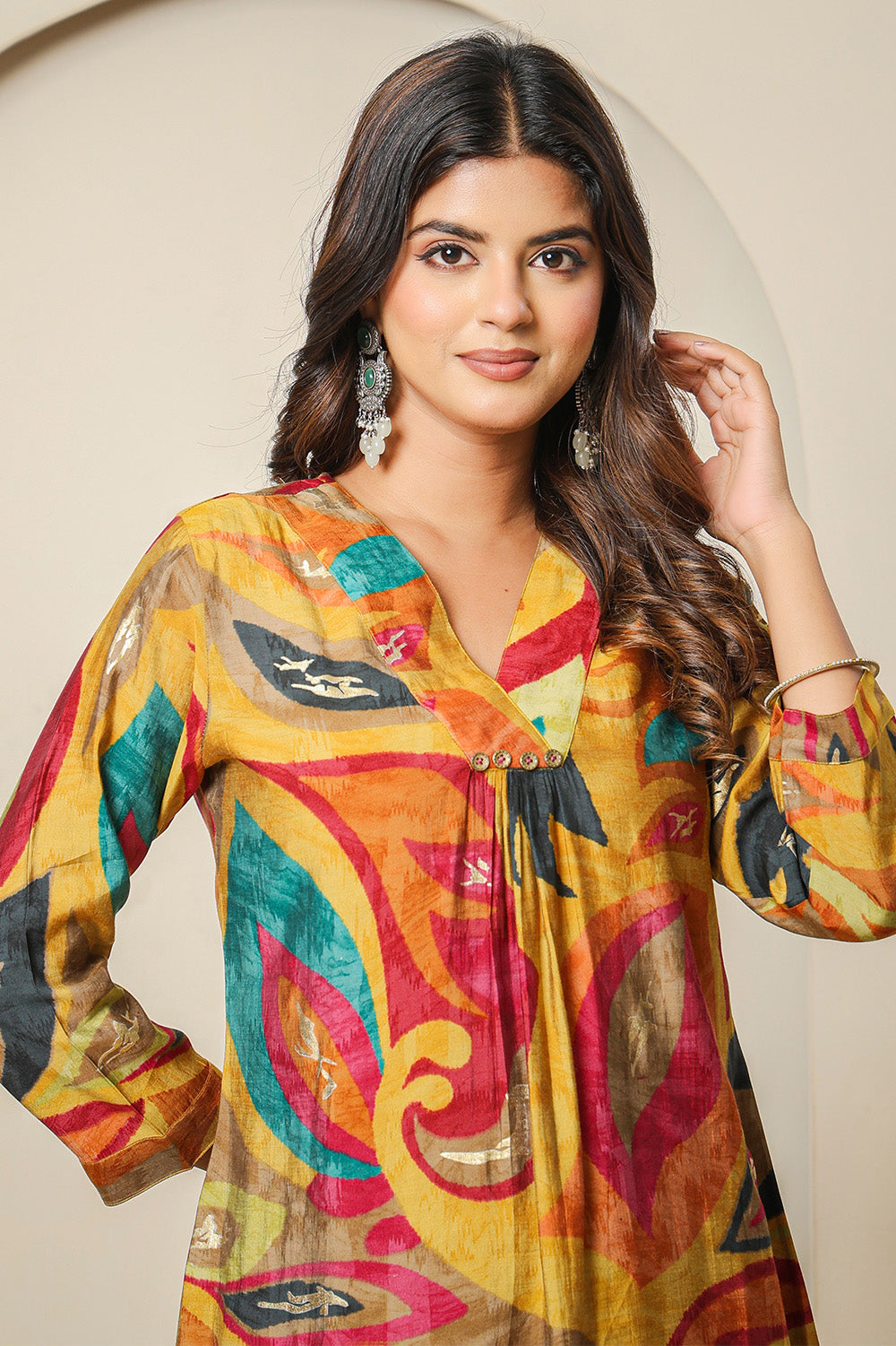Mustard Abstract Printed Muslin Long Kurta