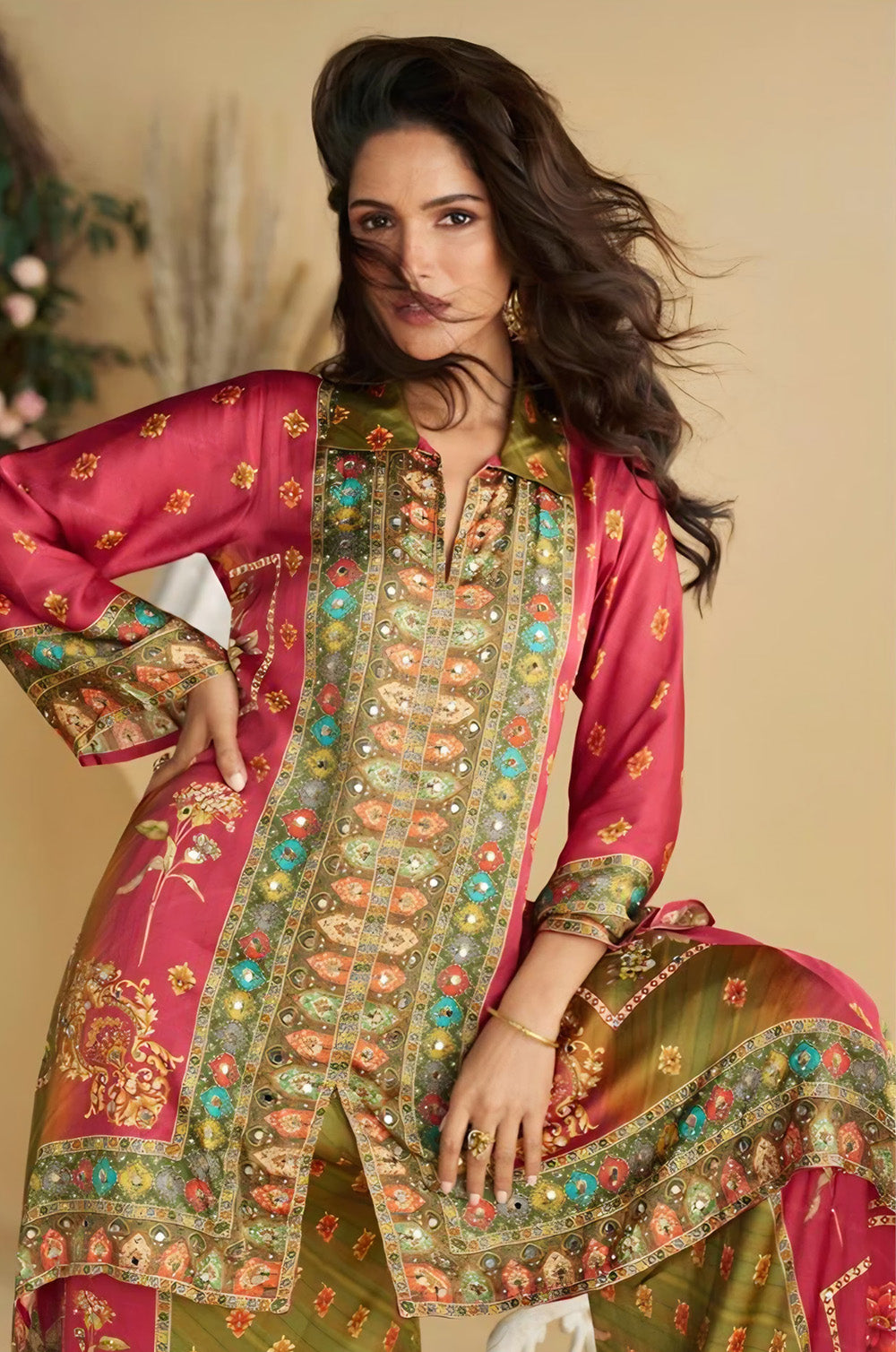 Hot Pink & Green  Printed Crepe Kurta Set With Palazzo