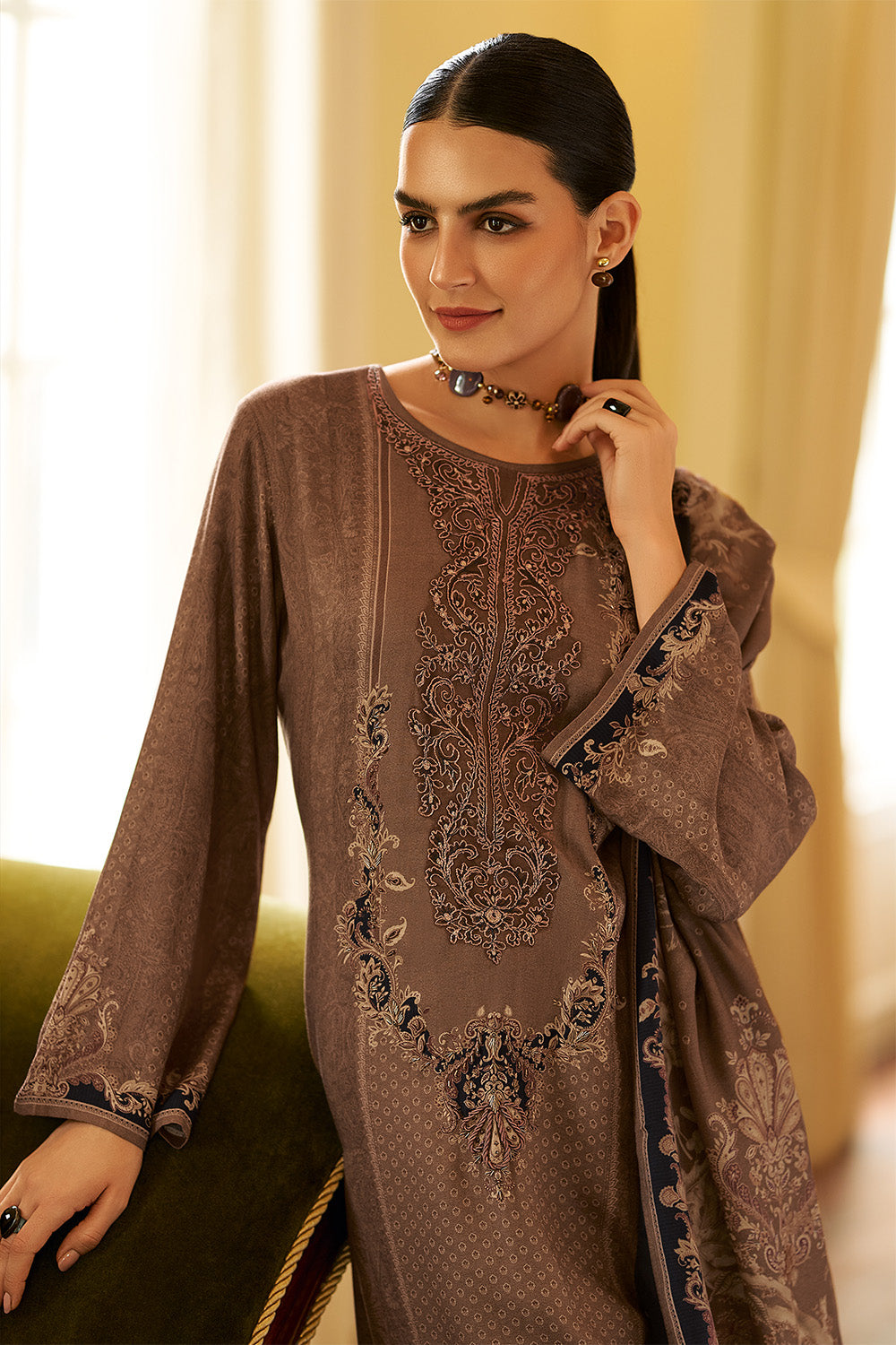 Brown Spun Printed and Embroidered Unstitched Suit Material