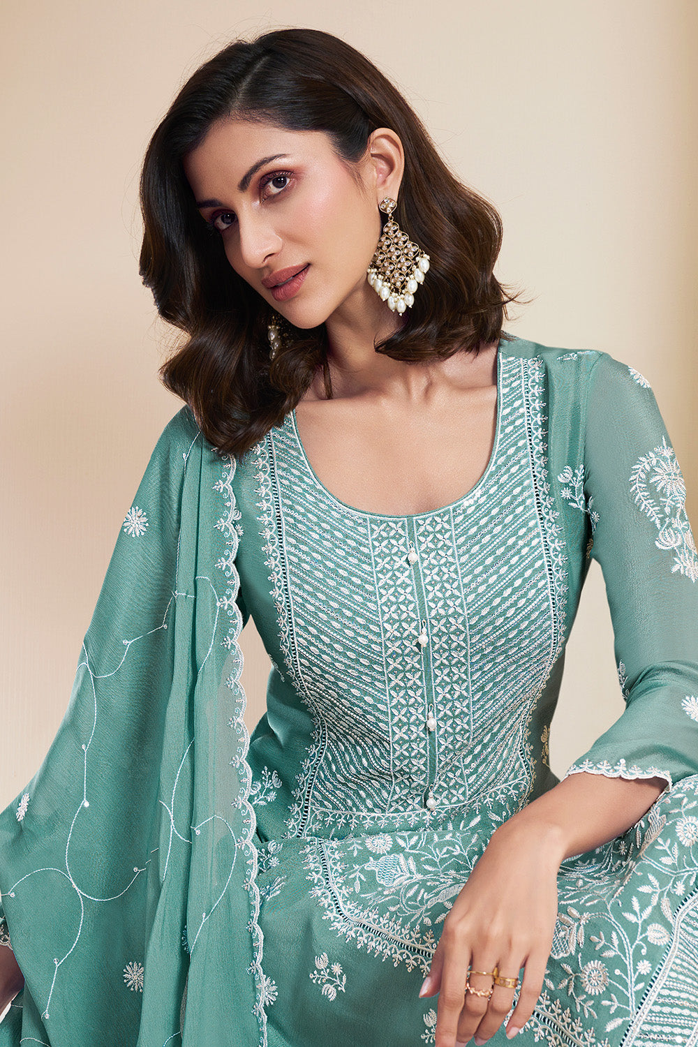Teal Crepe Silk Embroidered Unstitched Suit