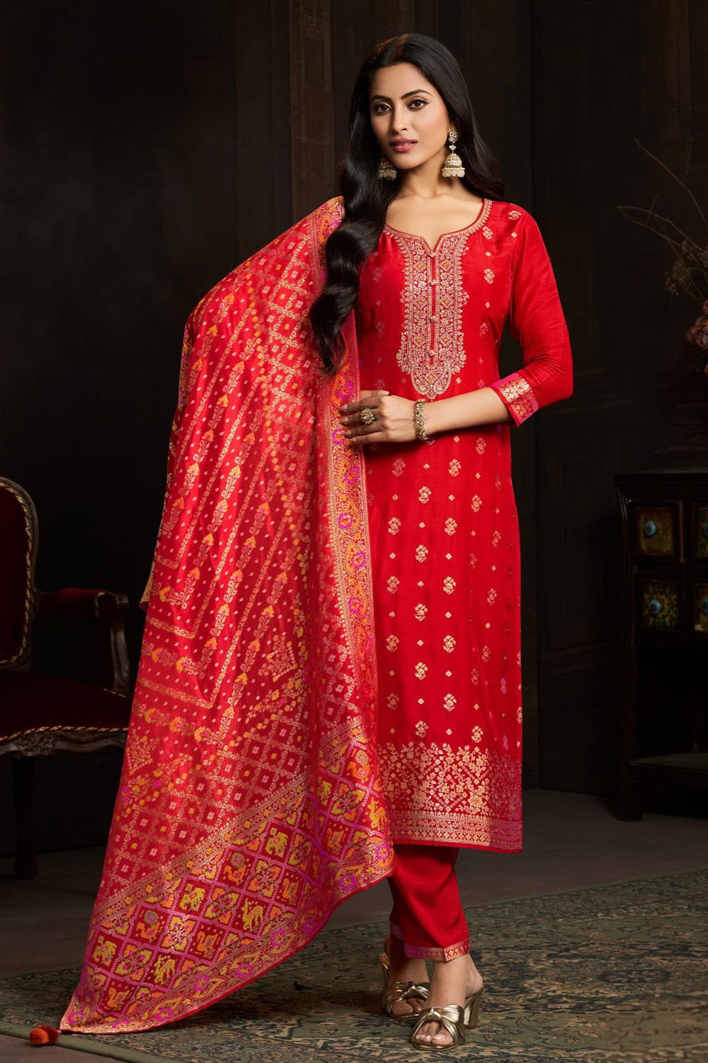 Red Silk Neck Embroidered And Zari Woven Suit With Woven Dupatta Set