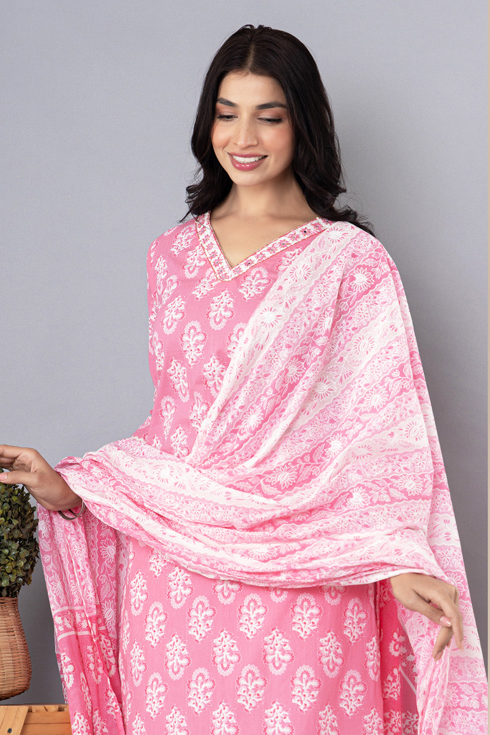 Pink Cotton Floral Printed Suit Set