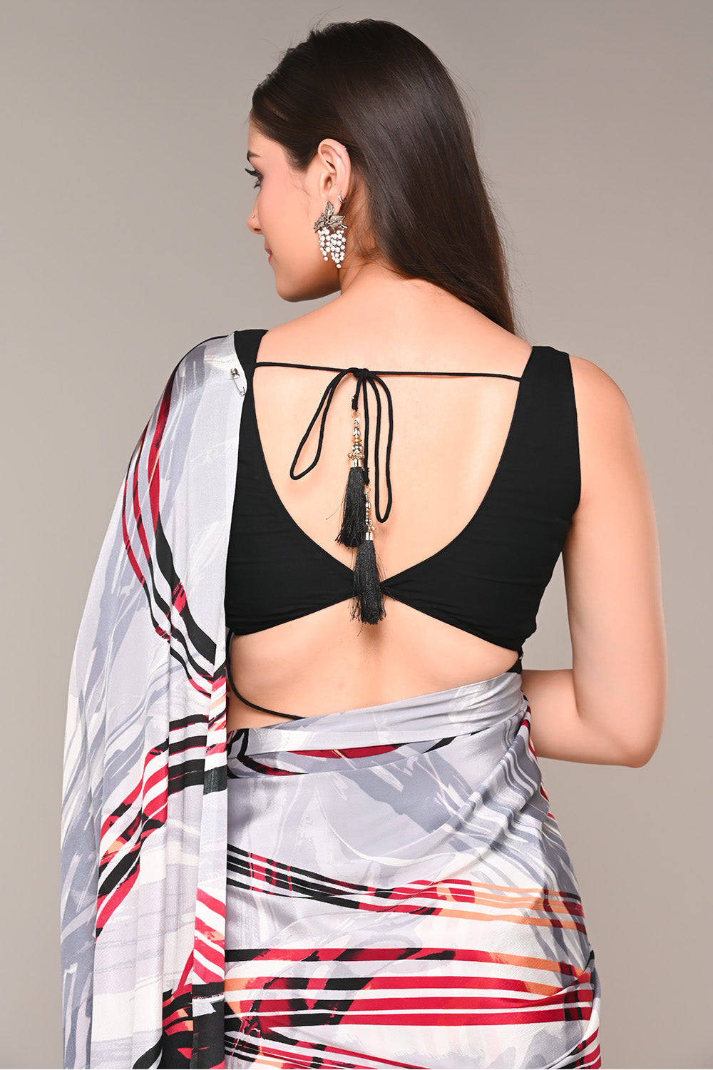 Grey Color Abstract Printed Crepe Saree