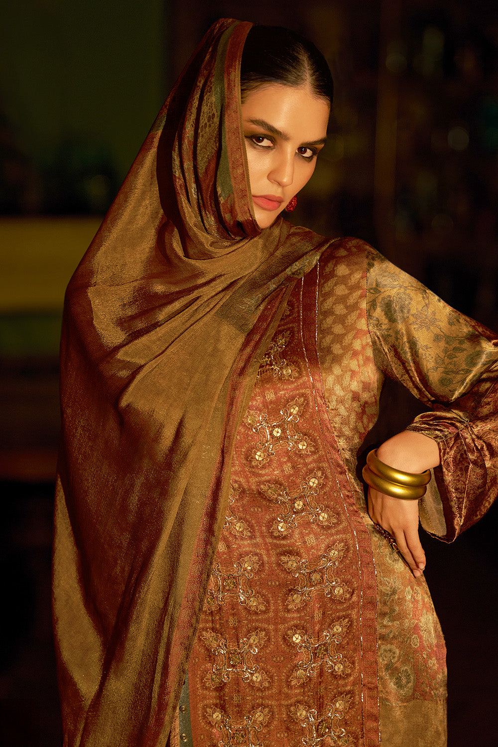 Brown Spun Printed Unstitched Suit Material