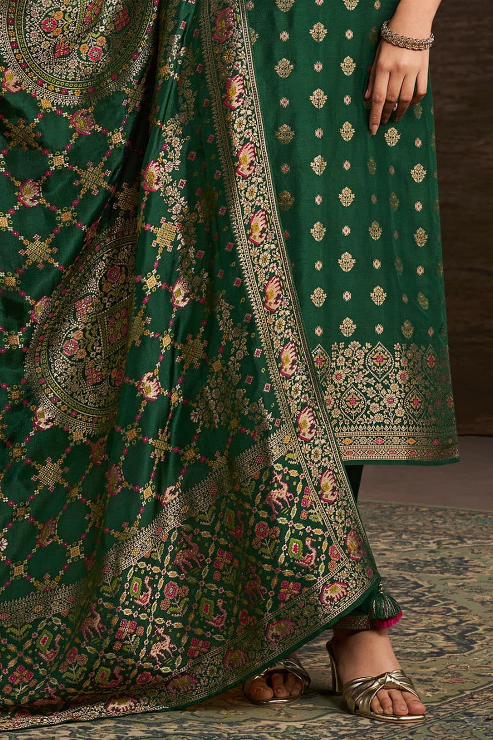 Bottle Green Silk Neck Embroidered And Zari Woven Suit With Woven Dupatta Set