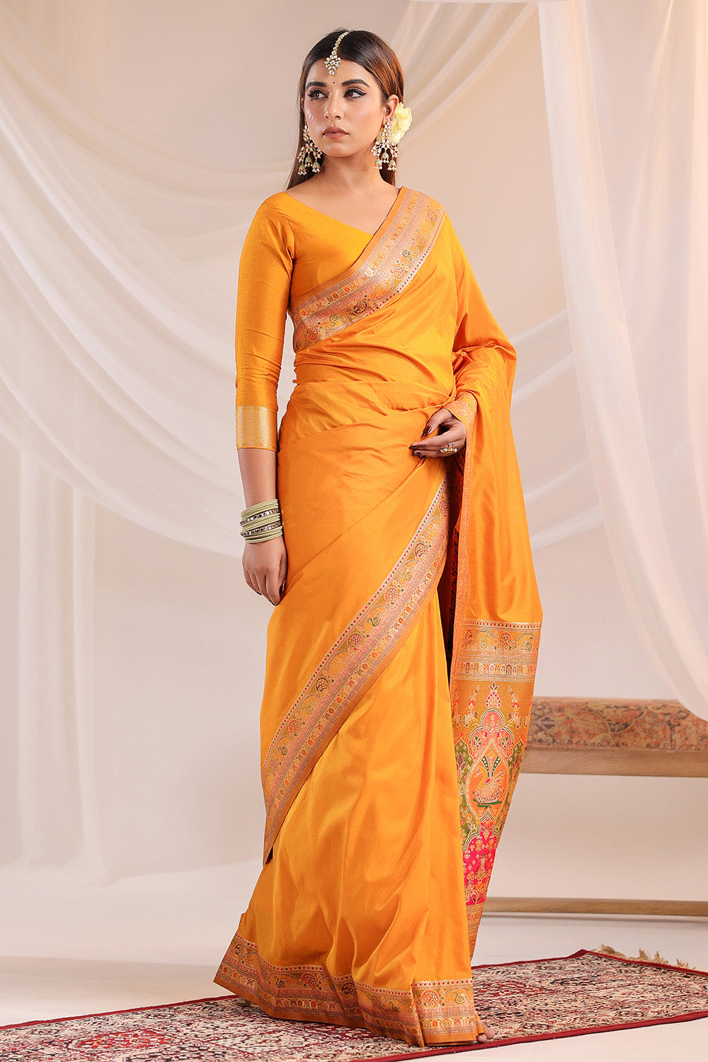 Mustard Soft Silk Kalamkari Woven Saree