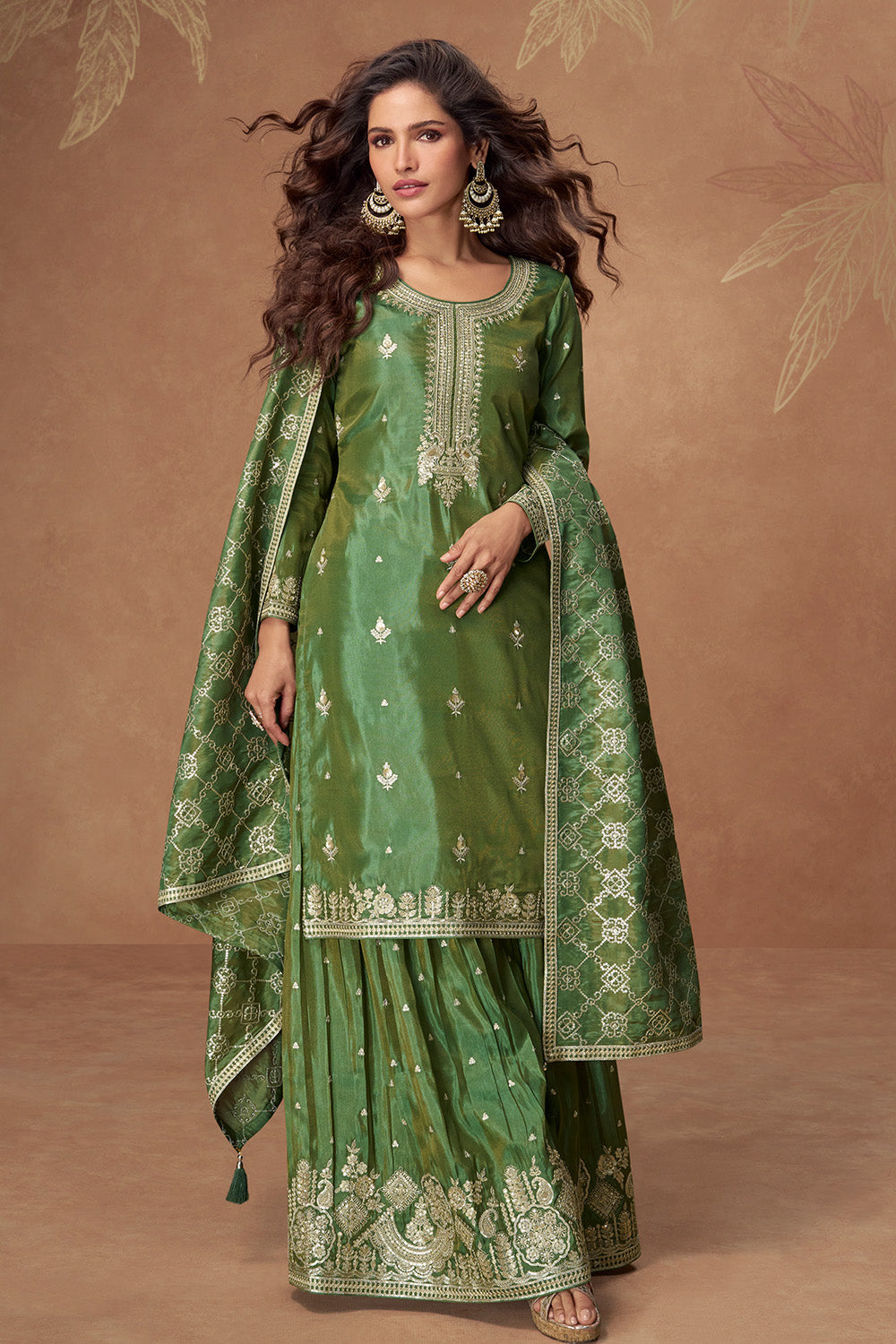Green Silk Zari And Sequins Embroidered Suit With Embroidered Palazzo