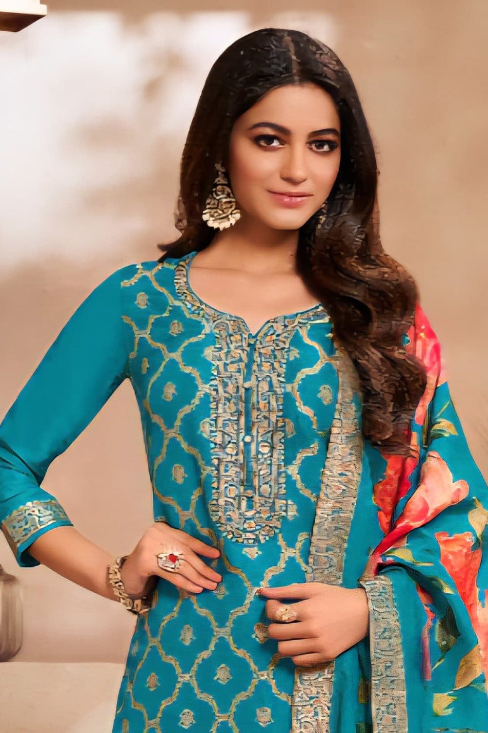 Teal Zari Woven & Embroidered Silk Suit