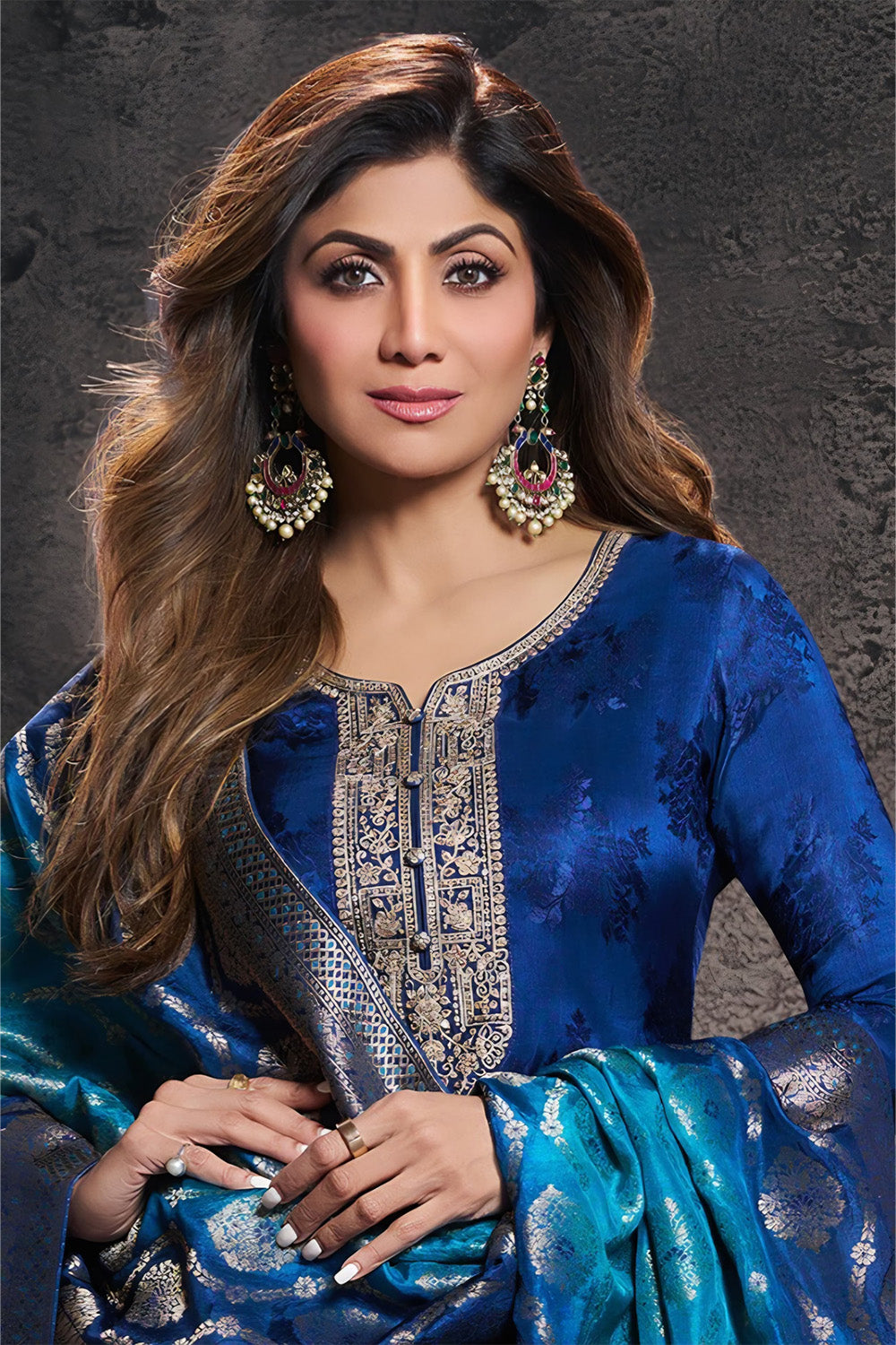Navy Silk Embroidered & Woven Suit Set