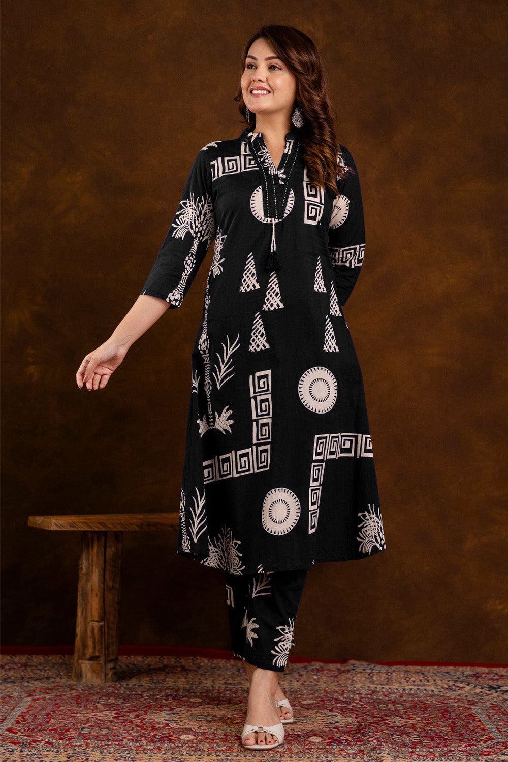 Black Block Printed Cotton Printed Kurta Set